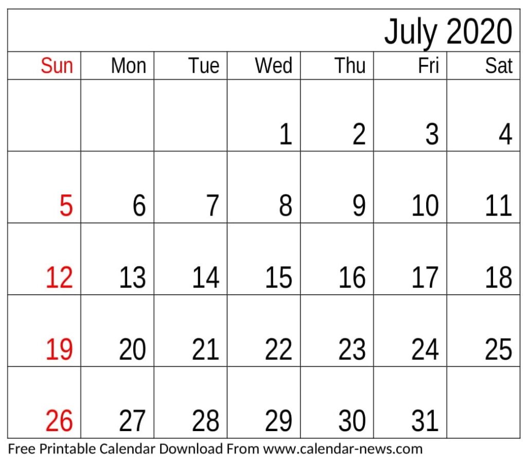 July 2020 Printable Calendar