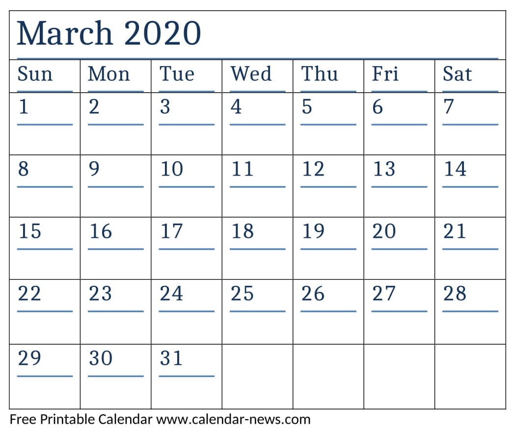Printable March 2020 Calendar Cute