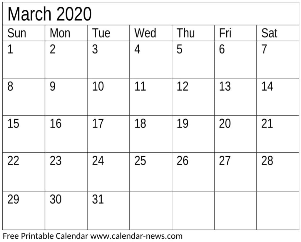 Printable March 2020 Calendar Template