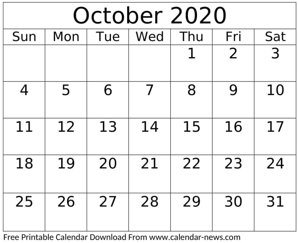 Printable October 2020 Calendar Design