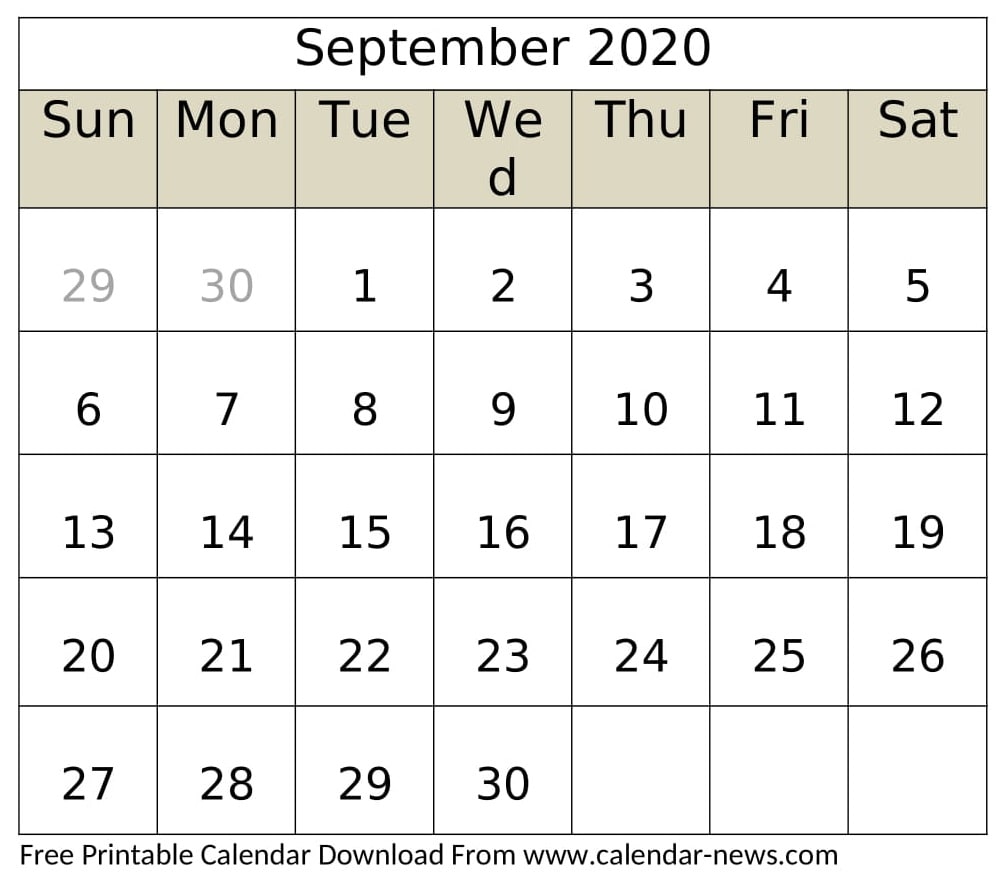 September 2020 Calendar Printable