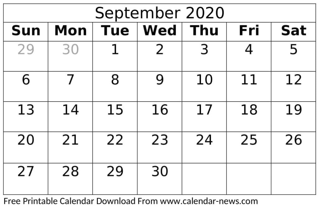 September 2020 Calendar Printable