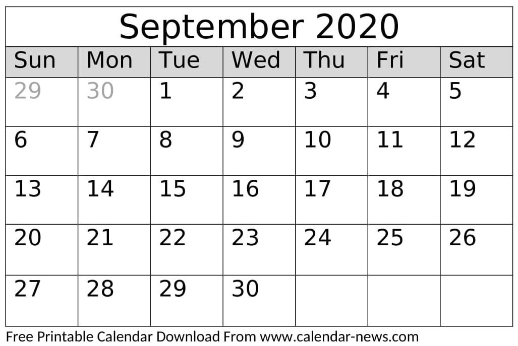 September 2020 Calendar Printable Template
