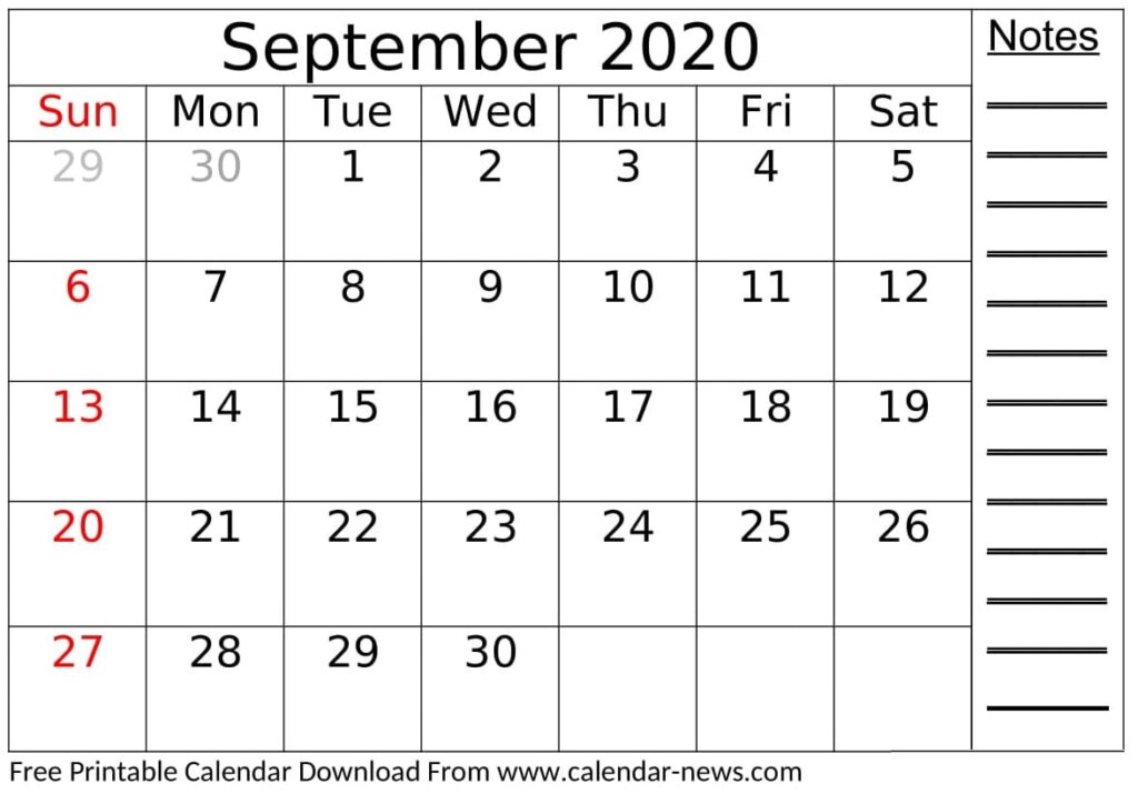 September 2020 Calendar With Holiday Notes