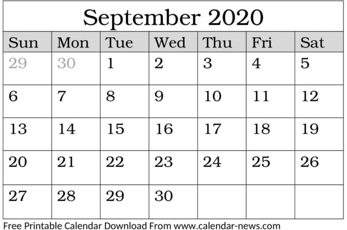 September 2020 Calendar With National Holidays And Events