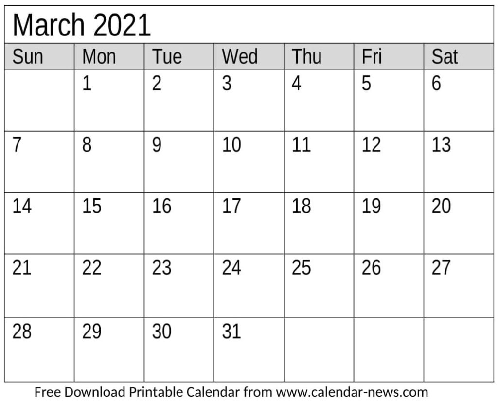 2021 Calendar March