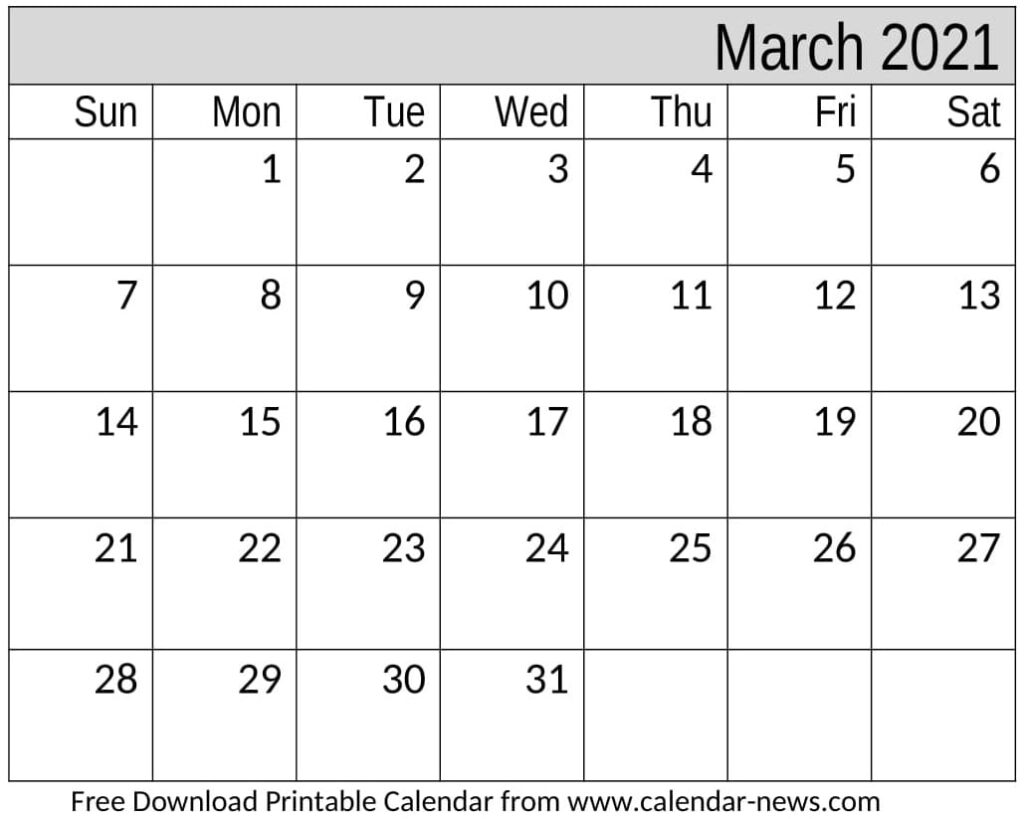 March 2021 Calendar Landscape and Vertical Template Download