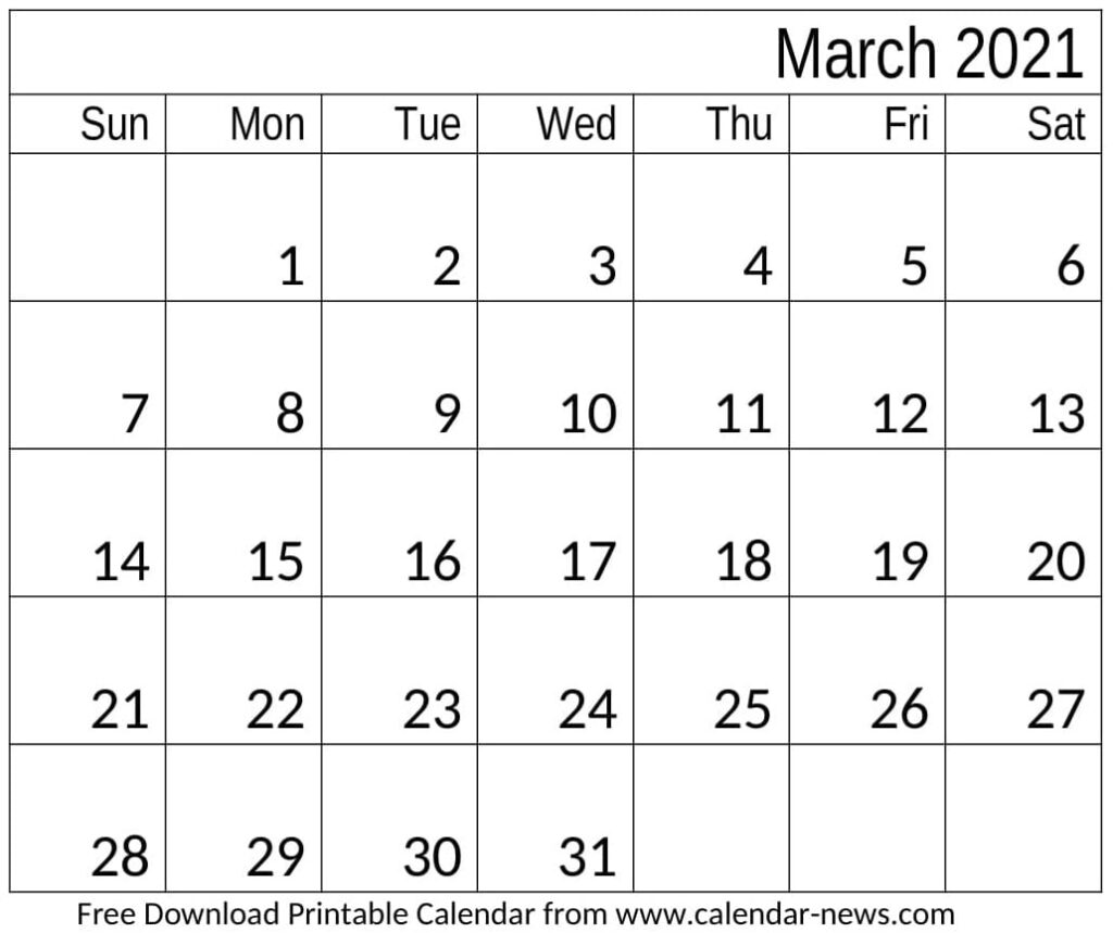 March 2021 Calendar Landscape and Vertical Template Download