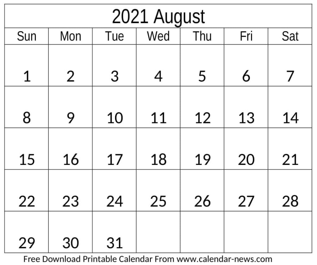 August Calendar 2021