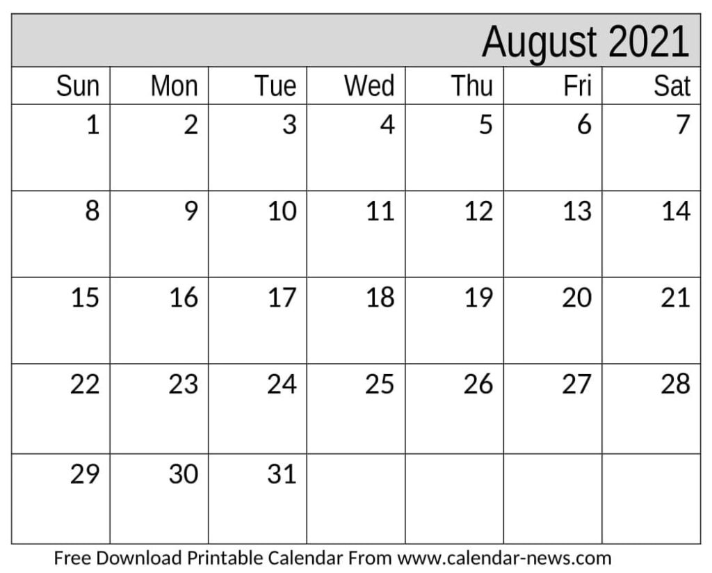 August Calendar 2021