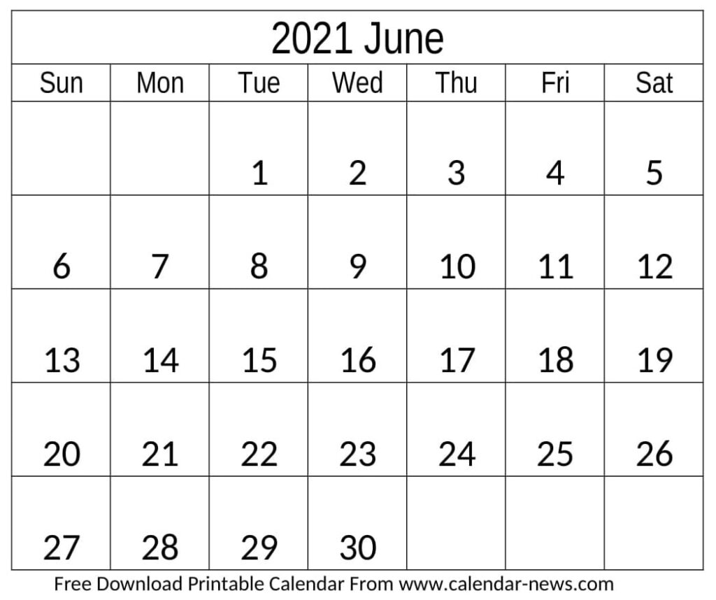 Free Printable June 2021 Calendar