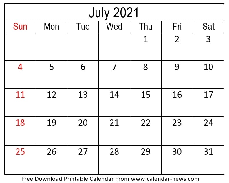 July 2021 Calendar Printable