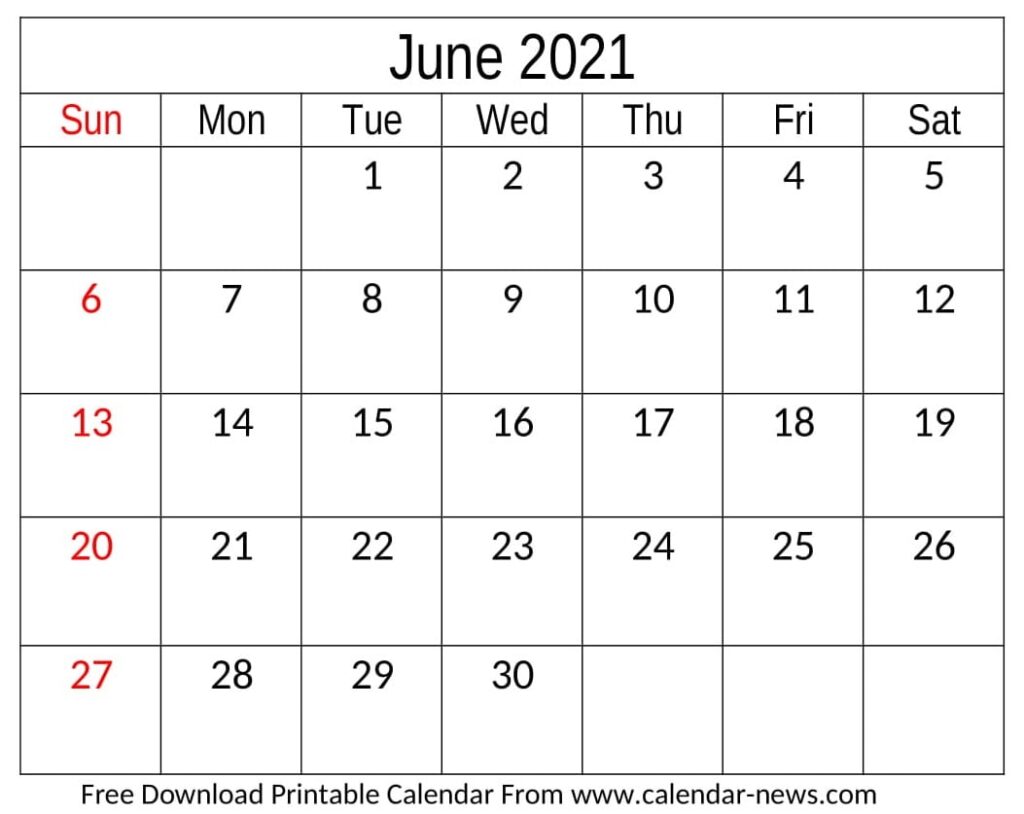 June 2021 Calendar