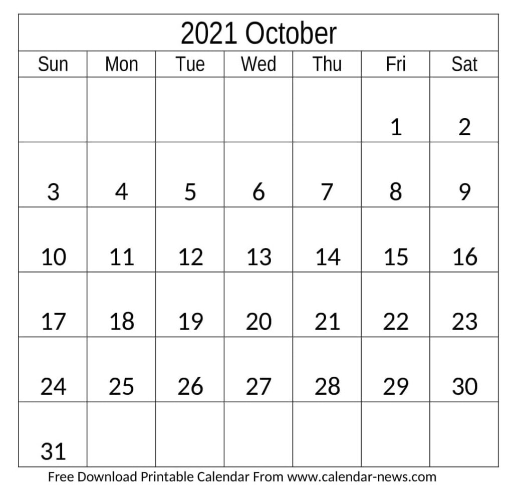 October 2021 Calendar With Holidays