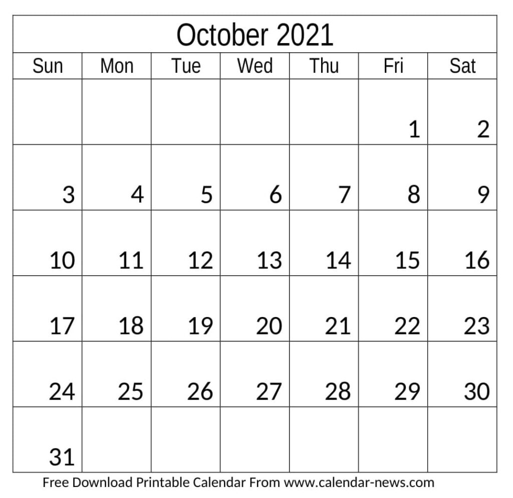 October 2021 Printable Calendar