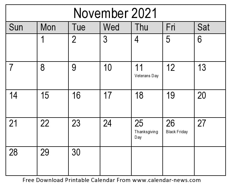 2021 Calendar November