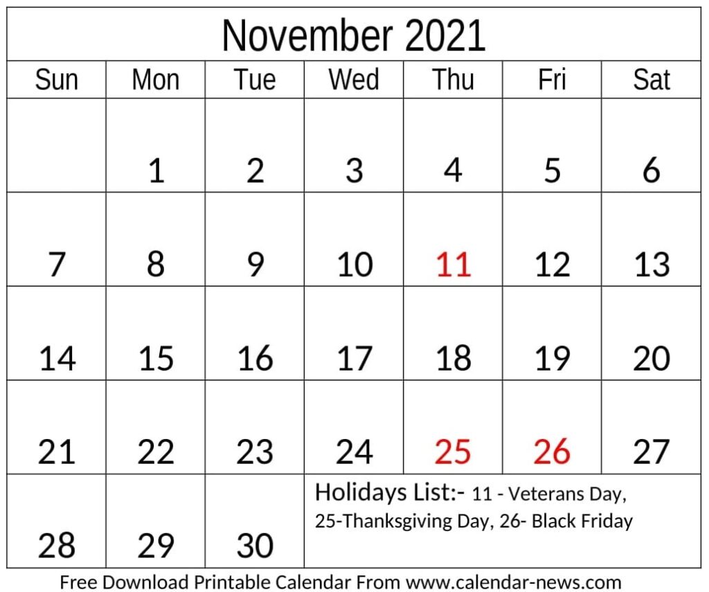 November 2021 Calendar With Holidays