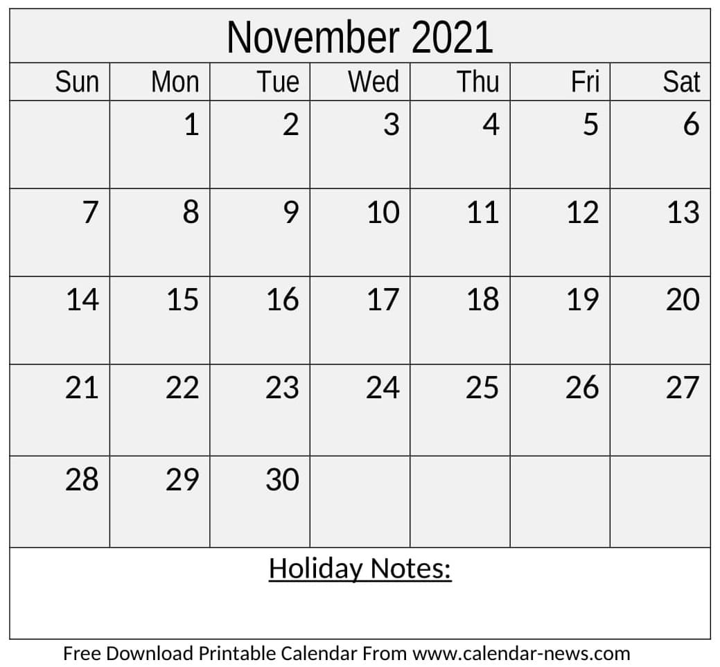 November 2021 Calendar With Holidays For PDF, Word, Excel