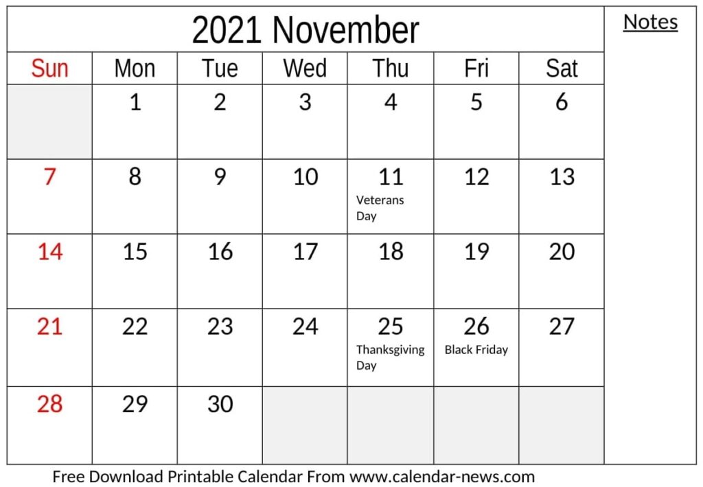 2021 November Calendar With Holidays