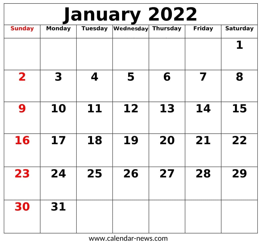 January 2022 Calendar Template For Pdf Excel And Word