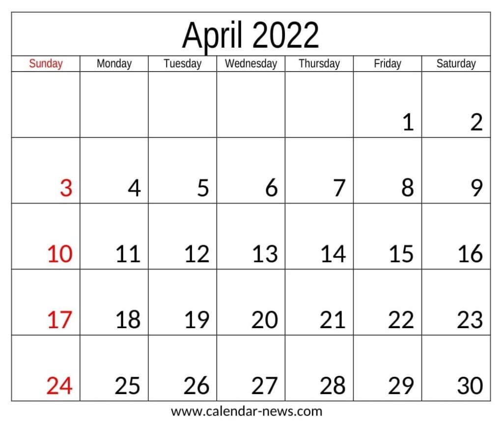 Blank April 2022 Calendar