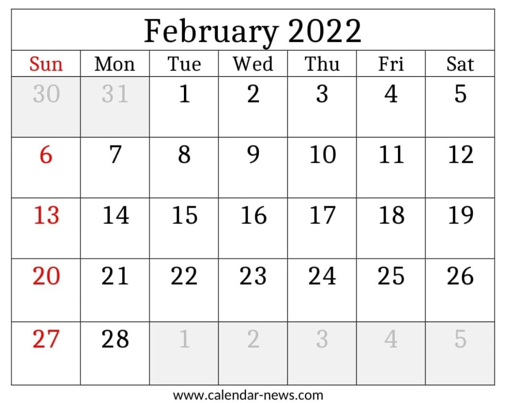 Printable February 2022 Calendar