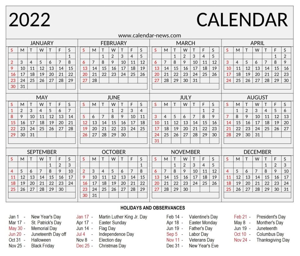 2022 Calendar With Holidays Calendar Printables Free Printable Year 2022 Calendar Printable 1085