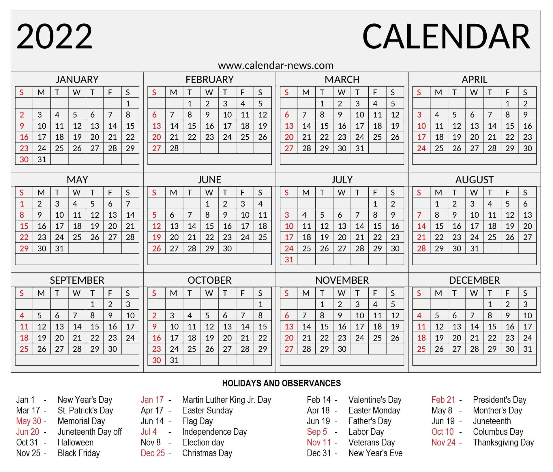 Yearly 2022 Calendar