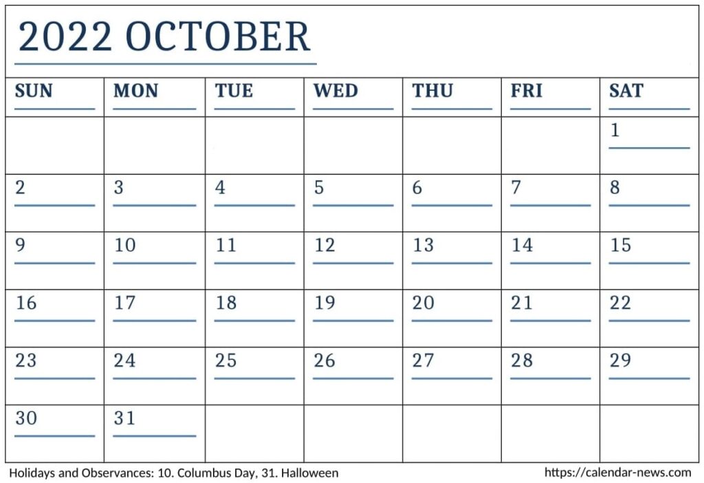 October 2022 Calendar Printable