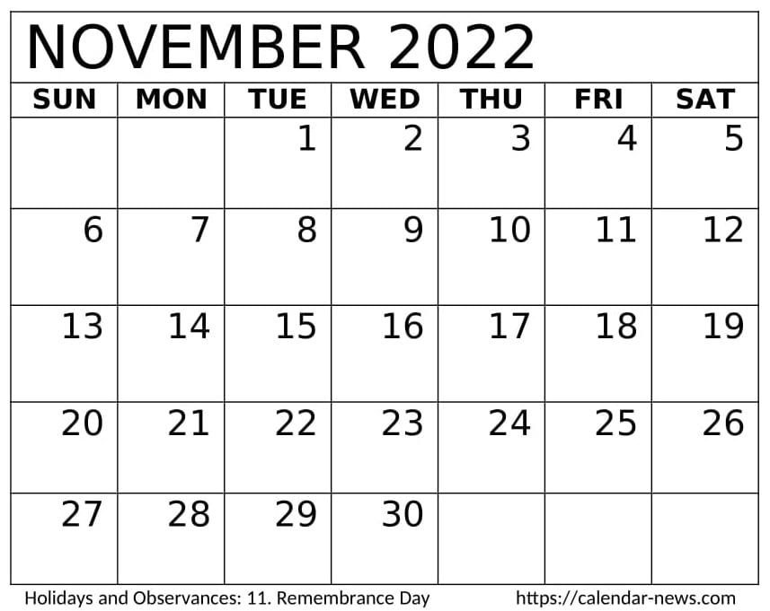 Printable November 2022 Calendar